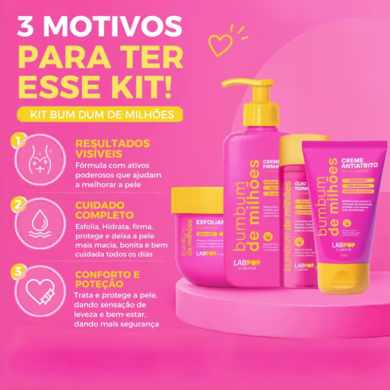 Kit LabPop by Labotrat Bumbum de Milhões: Esfoliante, Creme Firmador, Óleo Termogênico e Creme Antiatrito