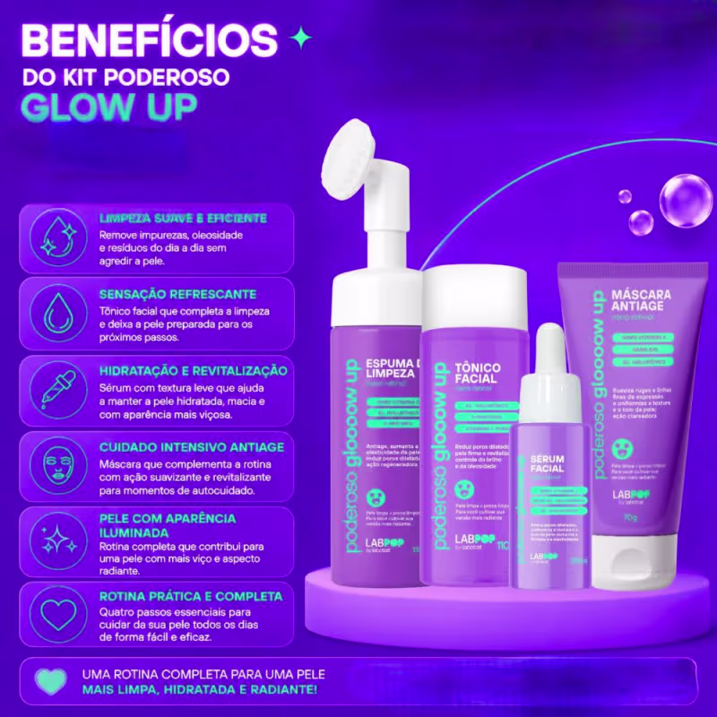 Kit LabPop by Labotrat Poderoso Glow Up: Espuma de Limpeza, Tônico Facial, Sérum e Máscara Antiage