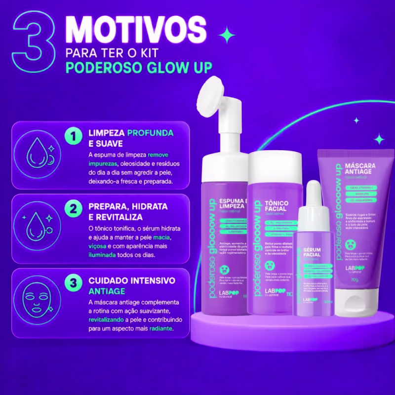 Kit LabPop by Labotrat Poderoso Glow Up: Espuma de Limpeza, Tônico Facial, Sérum e Máscara Antiage