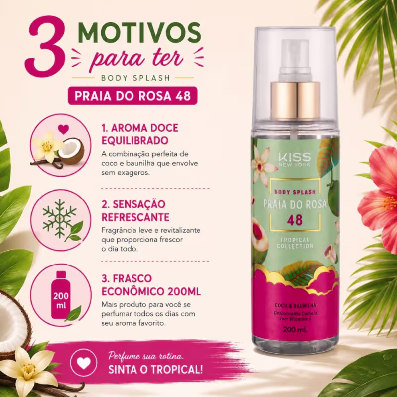 Body Splash Kiss Ny Tropical Collection Praia Do Rosa 48 Coco & Baunilha 200ml