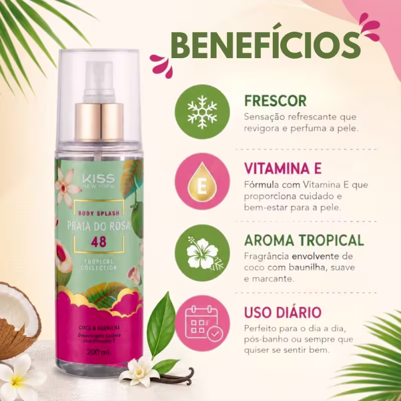 Body Splash Kiss Ny Tropical Collection Praia Do Rosa 48 Coco & Baunilha 200ml
