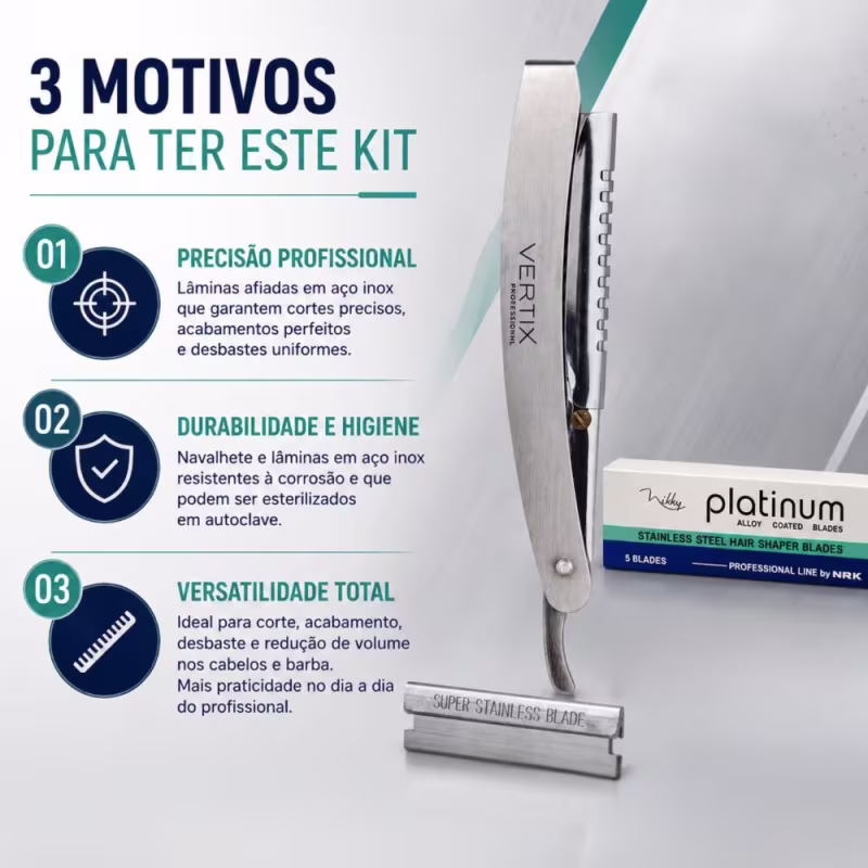Kit com 5 Lâminas Vikky e 1 Navalhete em Aço Inox Vertix