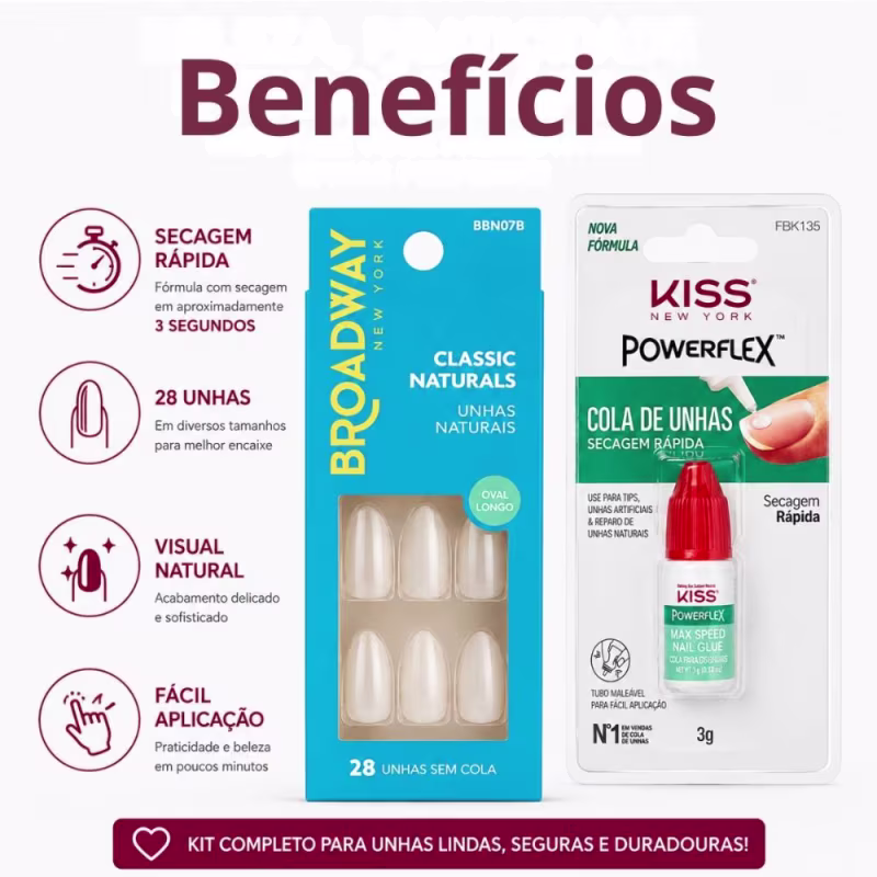 Kit Kiss New York: Unhas Postiças Oval Longo e Cola De Unhas 3g