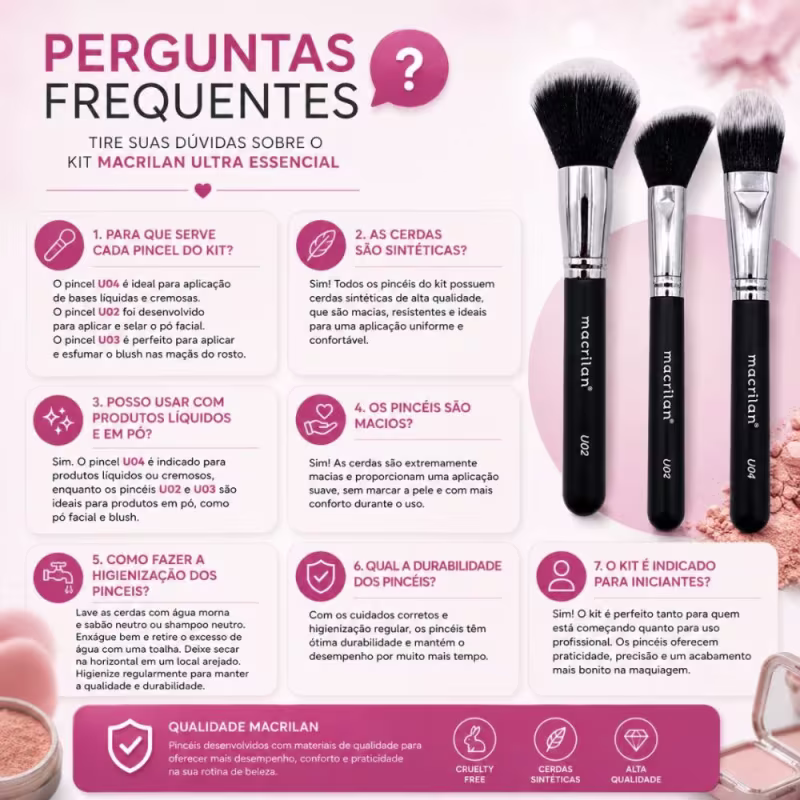 Kit Pincéis Macrilan Ultra Essencial: Base, Pó e Blush
