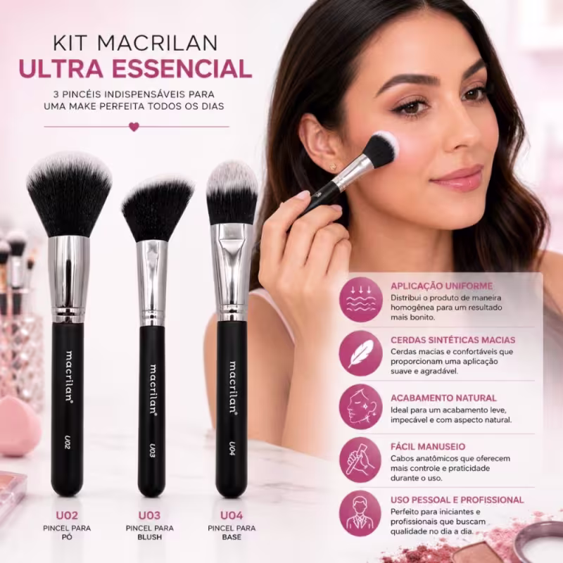Kit Pincéis Macrilan Ultra Essencial: Base, Pó e Blush