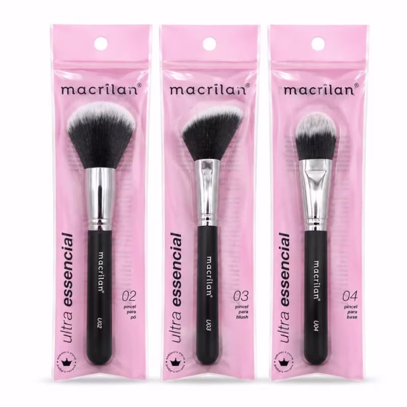 Kit Pincéis Macrilan Ultra Essencial: Base, Pó e Blush