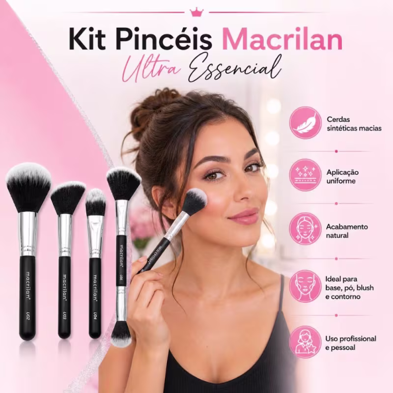 Kit Pincéis Macrilan Ultra Essencial: Base, Pó, Blush e Contorno e Iluminador