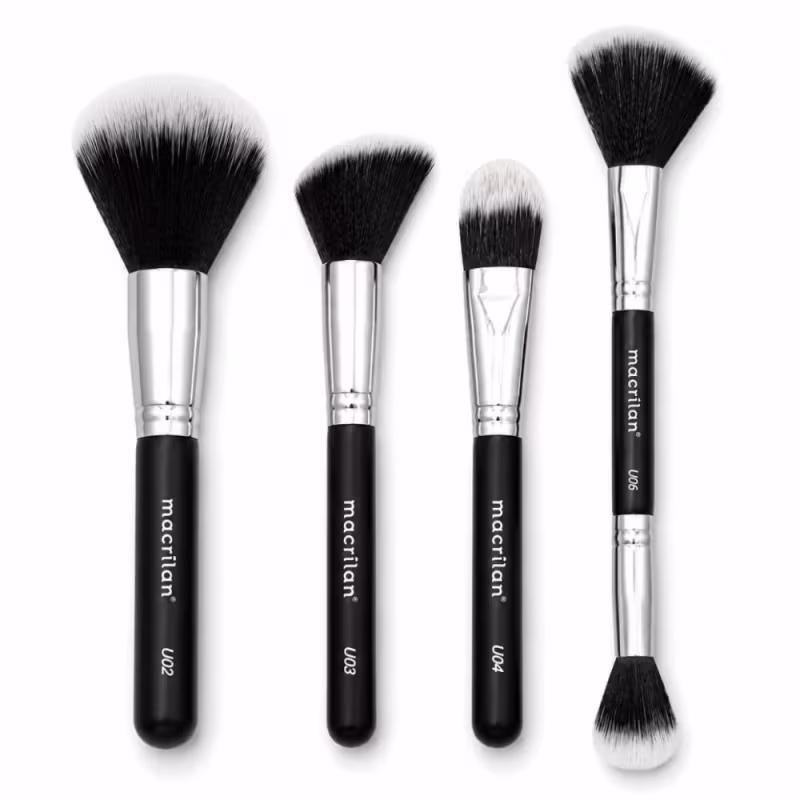 Kit Pincéis Macrilan Ultra Essencial: Base, Pó, Blush e Contorno e Iluminador