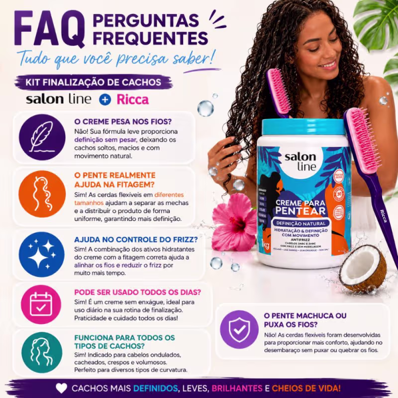 Kit Finalização De Cachos: Creme Para Pentear Salon Line Definição Natural 1kg e Pente Fitagem Ricca
