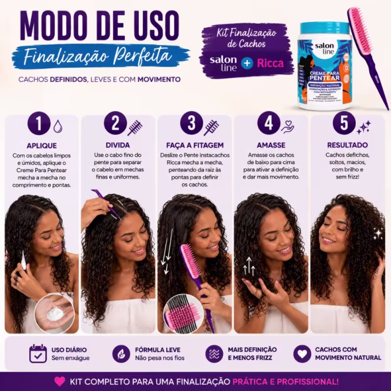 Kit Finalização De Cachos: Creme Para Pentear Salon Line Definição Natural 1kg e Pente Fitagem Ricca