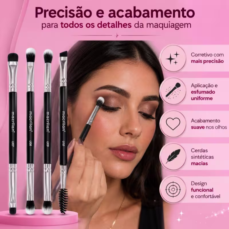 Kit Pincéis Macrilan Ultra Essencial: Corretivo e Precisão, Sombra e Esfumar, Esfumar e Chanfrado com Escova