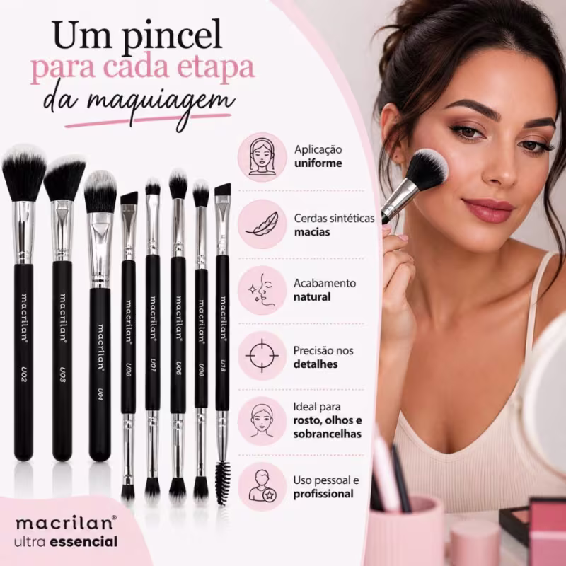 Kit Pincéis Macrilan Ultra Essencial: Base, Pó, Blush, Contorno e Iluminador, Corretivo e Precisão, Sombra e Esfumar, Esfumar e Chanfrado com Escova