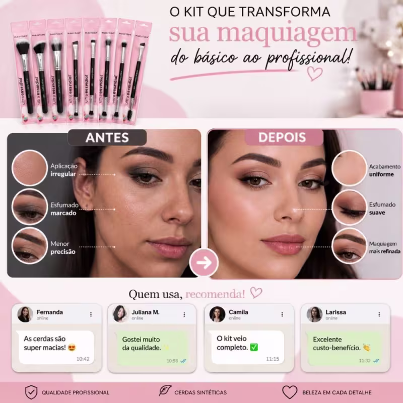 Kit Pincéis Macrilan Ultra Essencial: Base, Pó, Blush, Contorno e Iluminador, Corretivo e Precisão, Sombra e Esfumar, Esfumar e Chanfrado com Escova