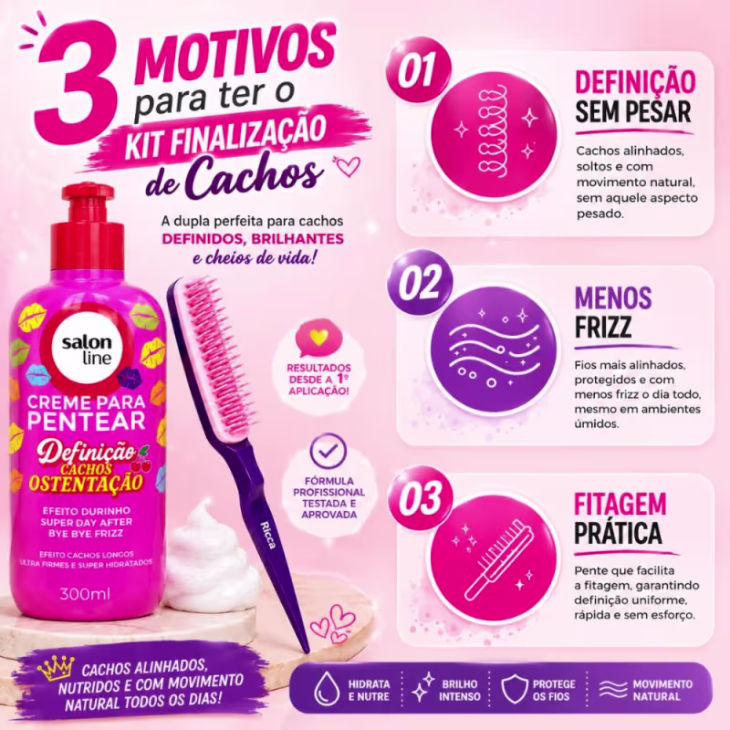 Kit Finalização De Cachos: Creme Para Pentear Salon Line Definição Cachos Ostentação 300ml e Pente Fitagem Ricca