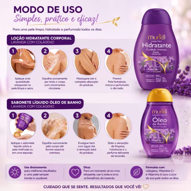 Kit Muriel Lavanda Com Colágeno: Loção Deo Hidratante e Óleo De Banho 230ml