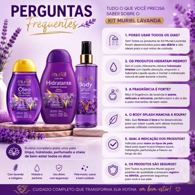 Kit Muriel Completo Lavanda com Colágeno: Óleo de Banho 230ml, Loção Hidratante Corporal e Body Splash 200ml