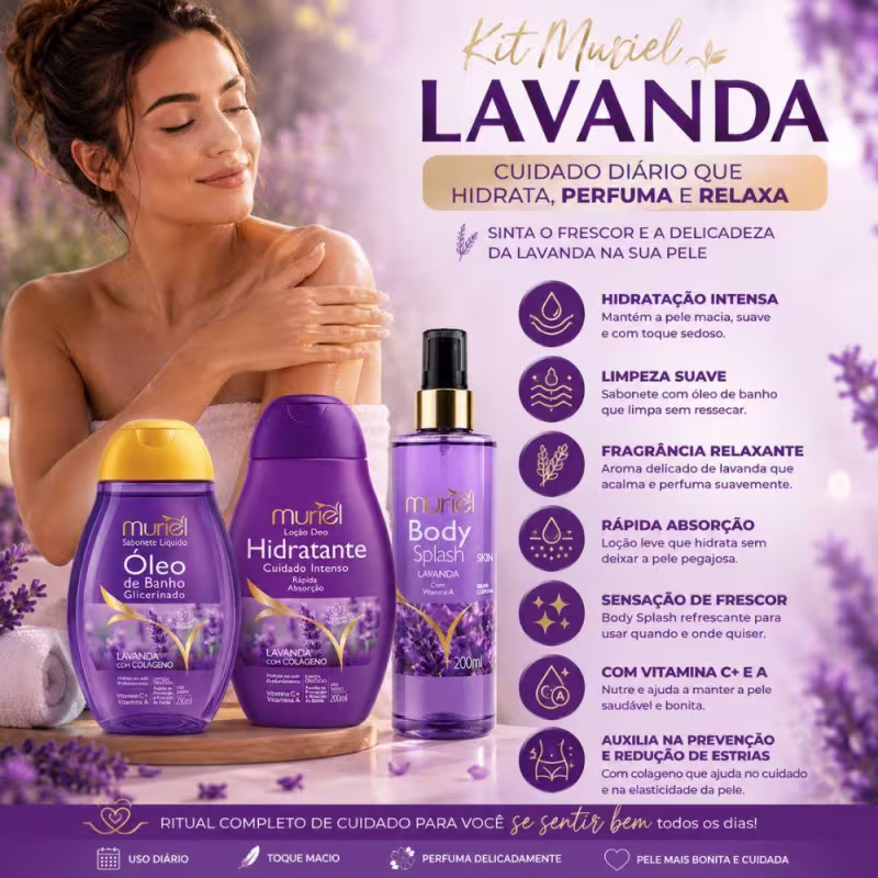 Kit Muriel Completo Lavanda com Colágeno: Óleo de Banho 230ml, Loção Hidratante Corporal e Body Splash 200ml