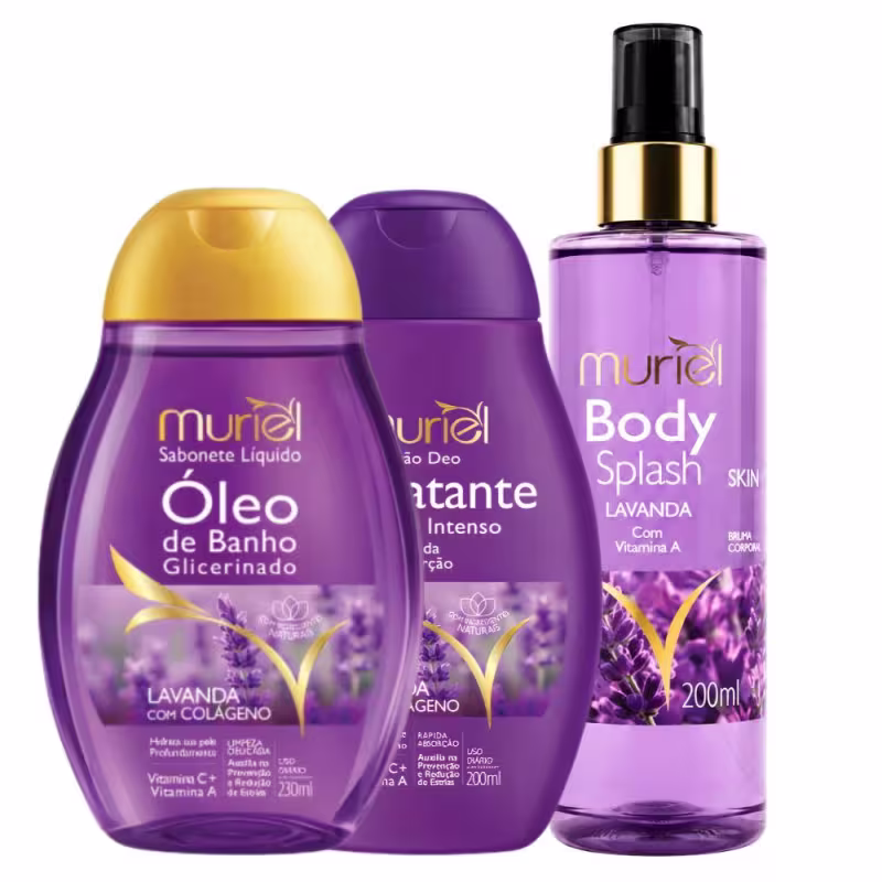 Kit Muriel Completo Lavanda com Colágeno: Óleo de Banho 230ml, Loção Hidratante Corporal e Body Splash 200ml