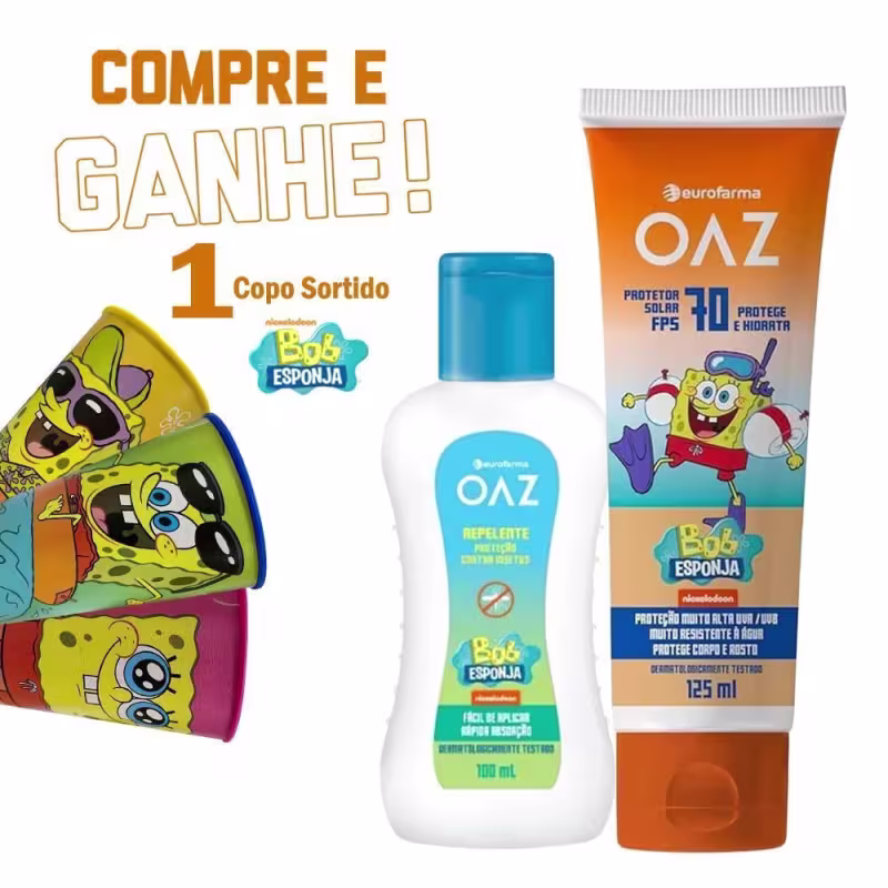 Protetor Solar OAZ Kids Bob Esponja FPS 70 125ml + Repelente Infantil OAZ Bob Esponja 4h Proteção Eurofarma 100ml