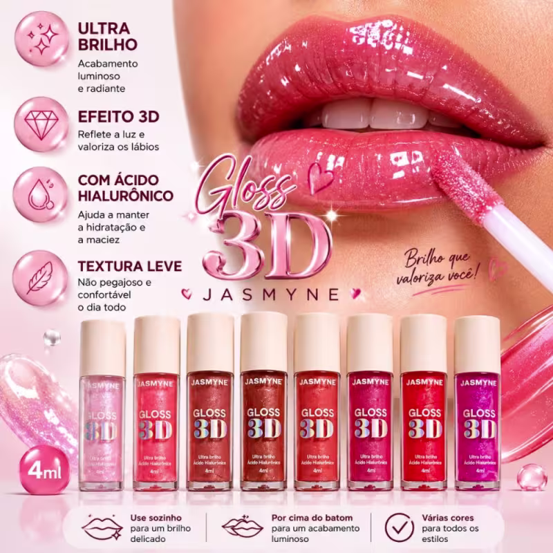 Gloss Labial 3D Jasmyne Ultra Brilho 4ml Ref.: J0133 Rosa Galáctico