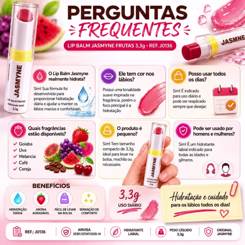 Lip Balm Jasmyne Hidratante Labial Frutas Ref.: J0136  Goiaba