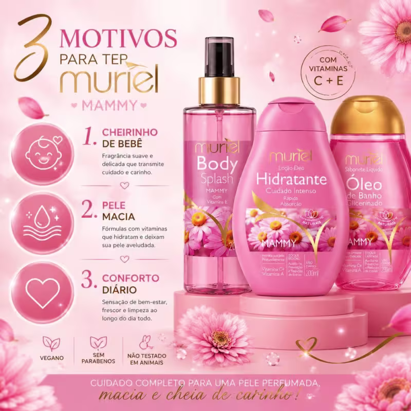 Kit Completo Muriel Mammy: Body Splash, Loção Hidratante 200ml e Óleo De Banho Mammy 230ml
