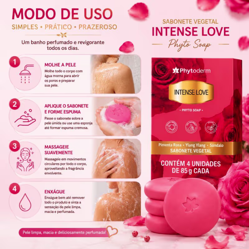 Kit Phytoderm Sabonete Vegetal Intense Love 85g Com 4 Unidades