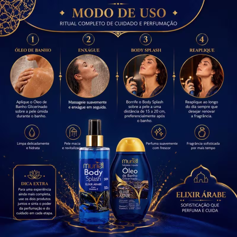 Kit Muriel Elixir Árabe: Body Splash 200ml e Óleo de Banho 230ml