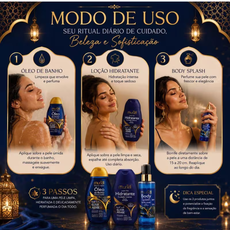 Kit Completo Muriel Elixir Árabe: Body Splash, Loção Deo Hidratante 200ml e Óleo de Banho 230ml