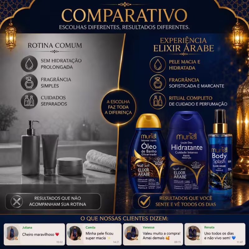 Kit Completo Muriel Elixir Árabe: Body Splash, Loção Deo Hidratante 200ml e Óleo de Banho 230ml