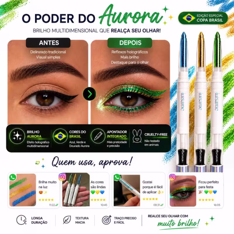 Kit Luisance Copa Brasil Lápis Holográfico Aurora: Cristal, Verde e Dourado