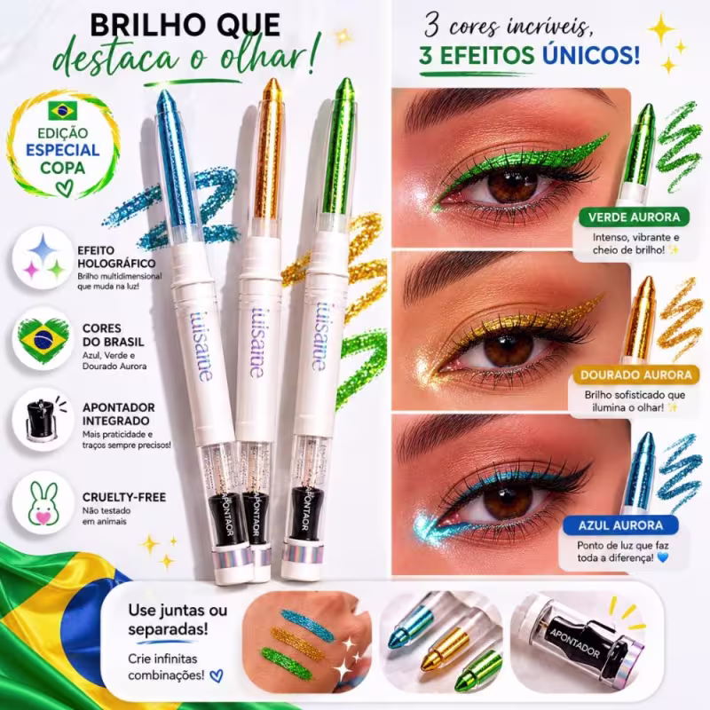 Kit Luisance Copa Brasil Lápis Holográfico Aurora: Cristal, Verde e Dourado