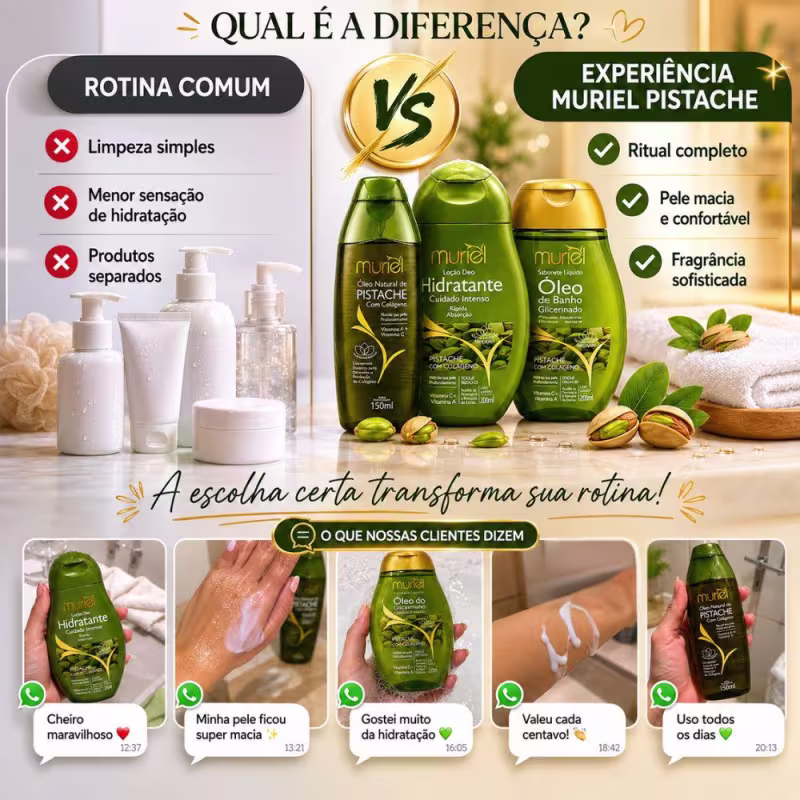 Kit Completo Muriel Pistache Com Colágeno: Óleo Natural, Loção Deo Corporal 200ml e Óleo de Banho 230ml