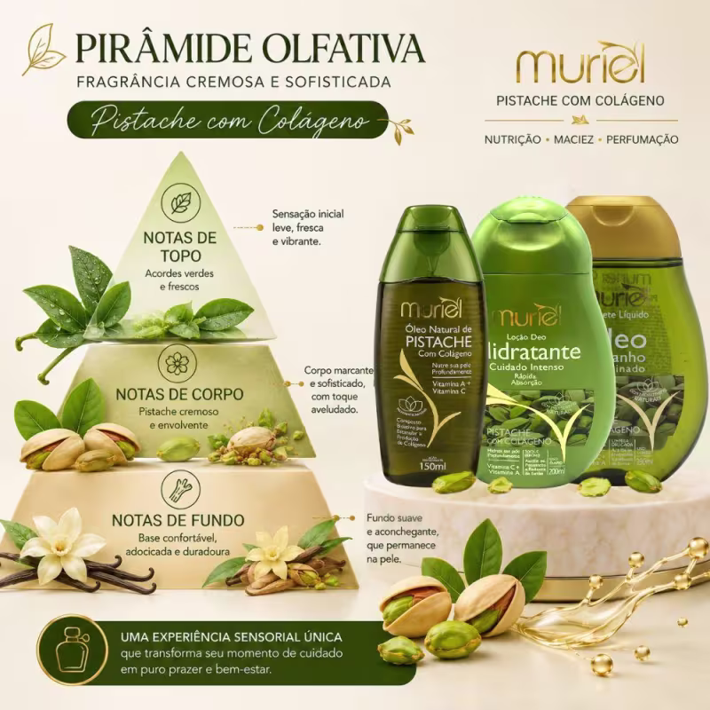 Kit Completo Muriel Pistache Com Colágeno: Óleo Natural, Loção Deo Corporal 200ml e Óleo de Banho 230ml
