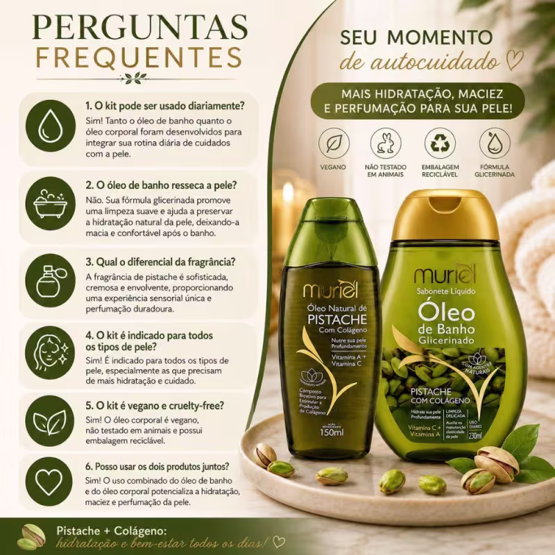 Kit  Muriel Pistache Com Colágeno: Óleo Natural Corporal 200ml e Óleo de Banho 230ml