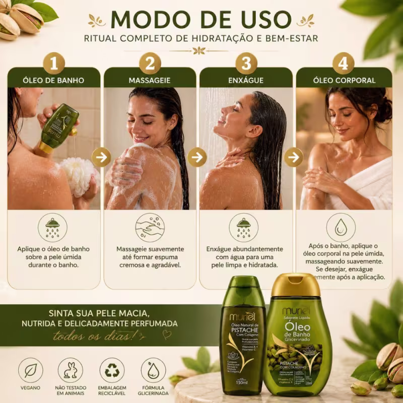 Kit  Muriel Pistache Com Colágeno: Óleo Natural Corporal 200ml e Óleo de Banho 230ml