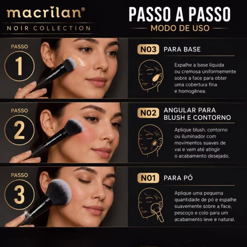 Kit de Pincéis Macrilan Noir Collection: N01, N02 e N03