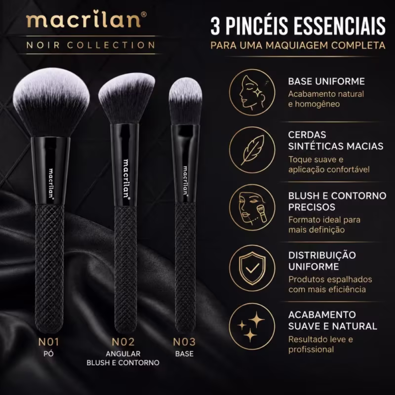 Kit de Pincéis Macrilan Noir Collection: N01, N02 e N03