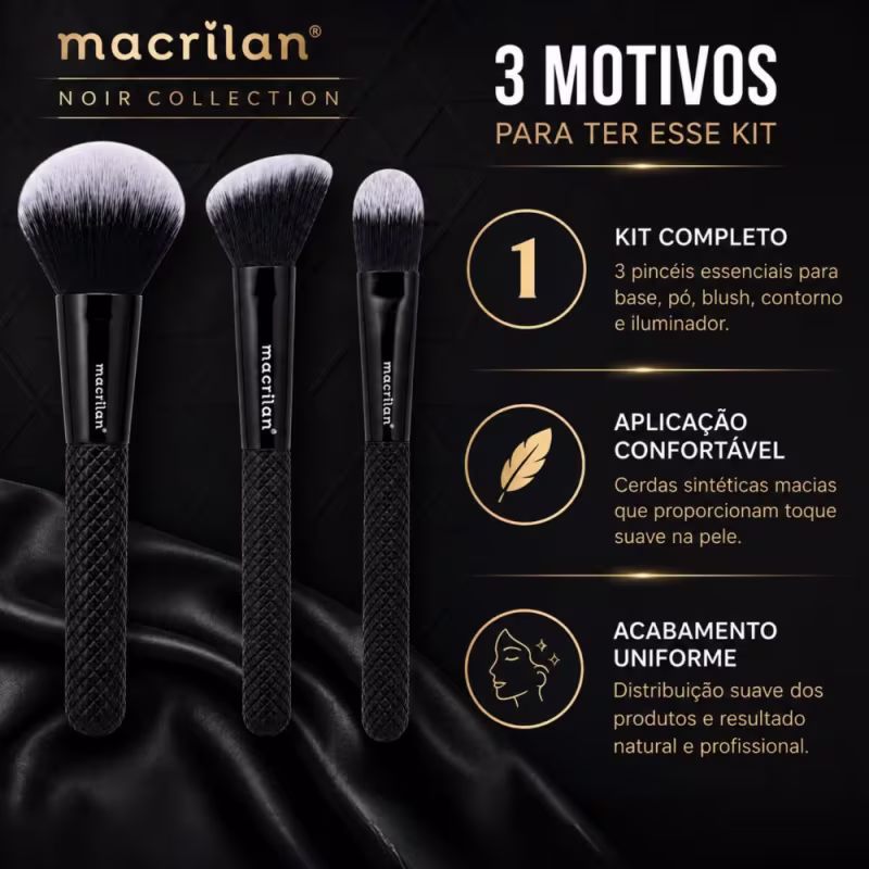 Kit de Pincéis Macrilan Noir Collection: N01, N02 e N03