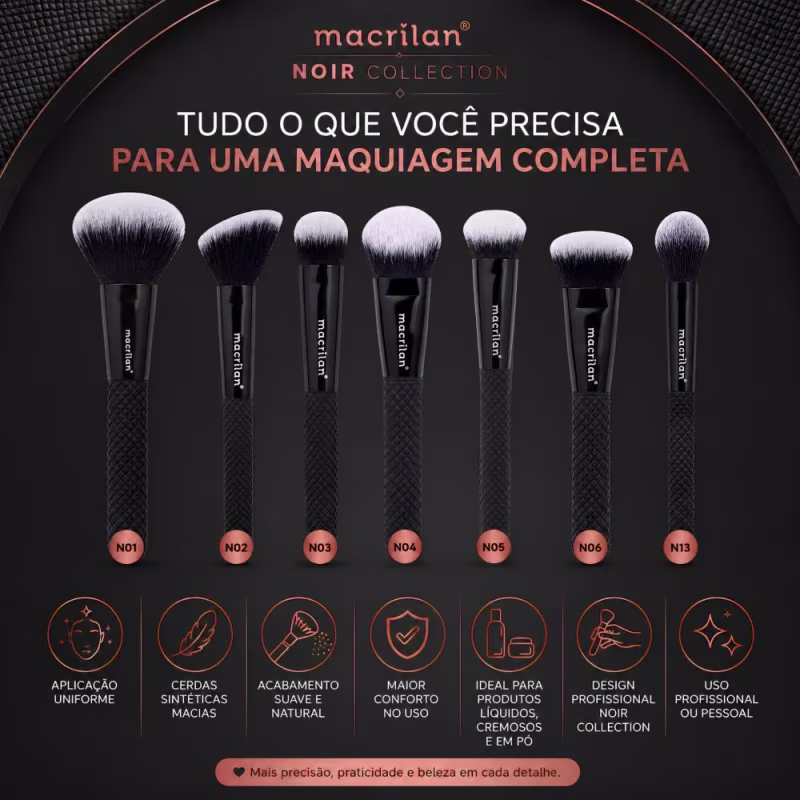 Kit de Pincéis Macrilan Noir Collection: N01, N02, N03, N04, N05, N06 e N13