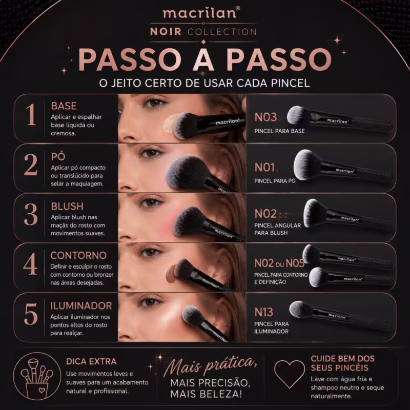 Kit de Pincéis Macrilan Noir Collection: N01, N02, N03, N04, N05, N06 e N13