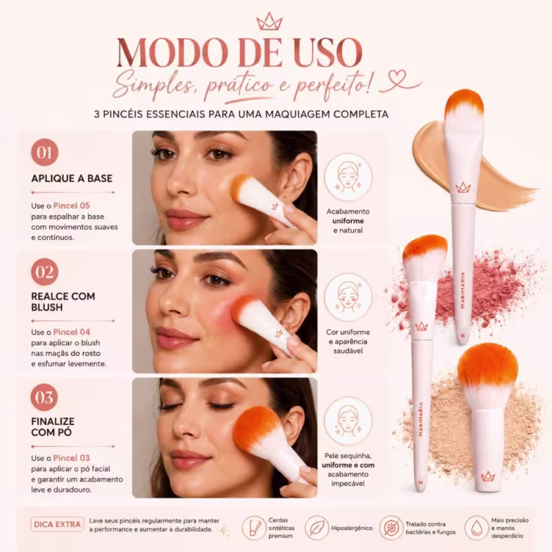 Kit Pincel Mari Maria: Pincel Para Pó 03, Pincel Para Blush 04 e Pincel para Base 05
