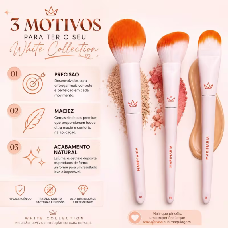 Kit Pincel Mari Maria: Pincel Para Pó 03, Pincel Para Blush 04 e Pincel para Base 05