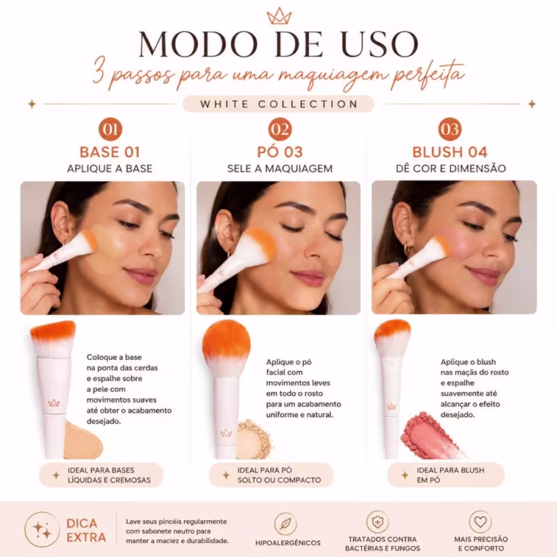 Kit Pincel Mari Maria: Pincel Para Base 02, Pincel Para Pó 03 e Pincel Para Blush 04