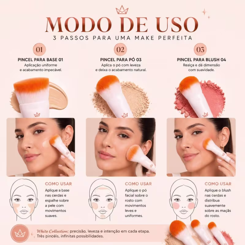 Kit Pincel Mari Maria: Pincel Para Base 01, Pincel Para Pó 03 e Pincel Para Blush 04