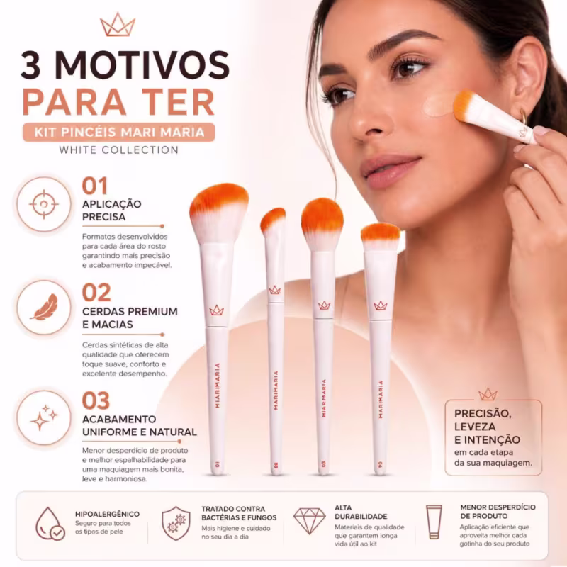 Kit Pincel Mari Maria: Pincel Para Base 01, Píncel Para Corretivo 06, Pincel Para Pó 03 e Pincel Para Blush 04