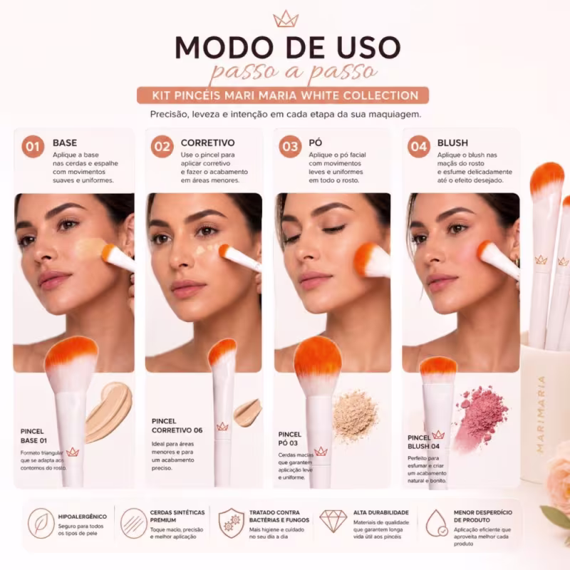 Kit Pincel Mari Maria: Pincel Para Base 01, Píncel Para Corretivo 06, Pincel Para Pó 03 e Pincel Para Blush 04