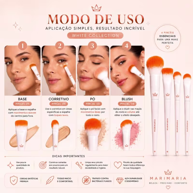Kit Pincel Mari Maria: Pincel Para Base 05, Píncel Para Corretivo 06, Pincel Para Pó 03 e Pincel Para Blush 04