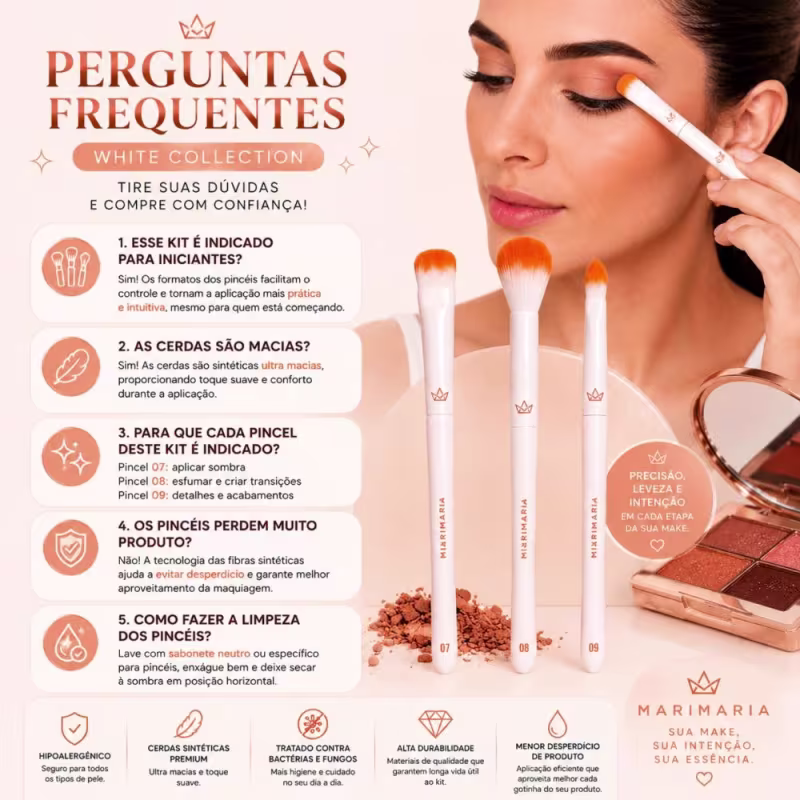 Kit Pincel Mari Maria: Pincel Para Olhos 07, Pincel Para Esfumar 08 e Pincel Para Detalhe 09