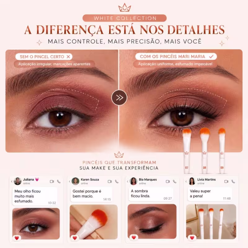 Kit Pincel Mari Maria: Pincel Para Olhos 07, Pincel Para Esfumar 08 e Pincel Para Detalhe 09